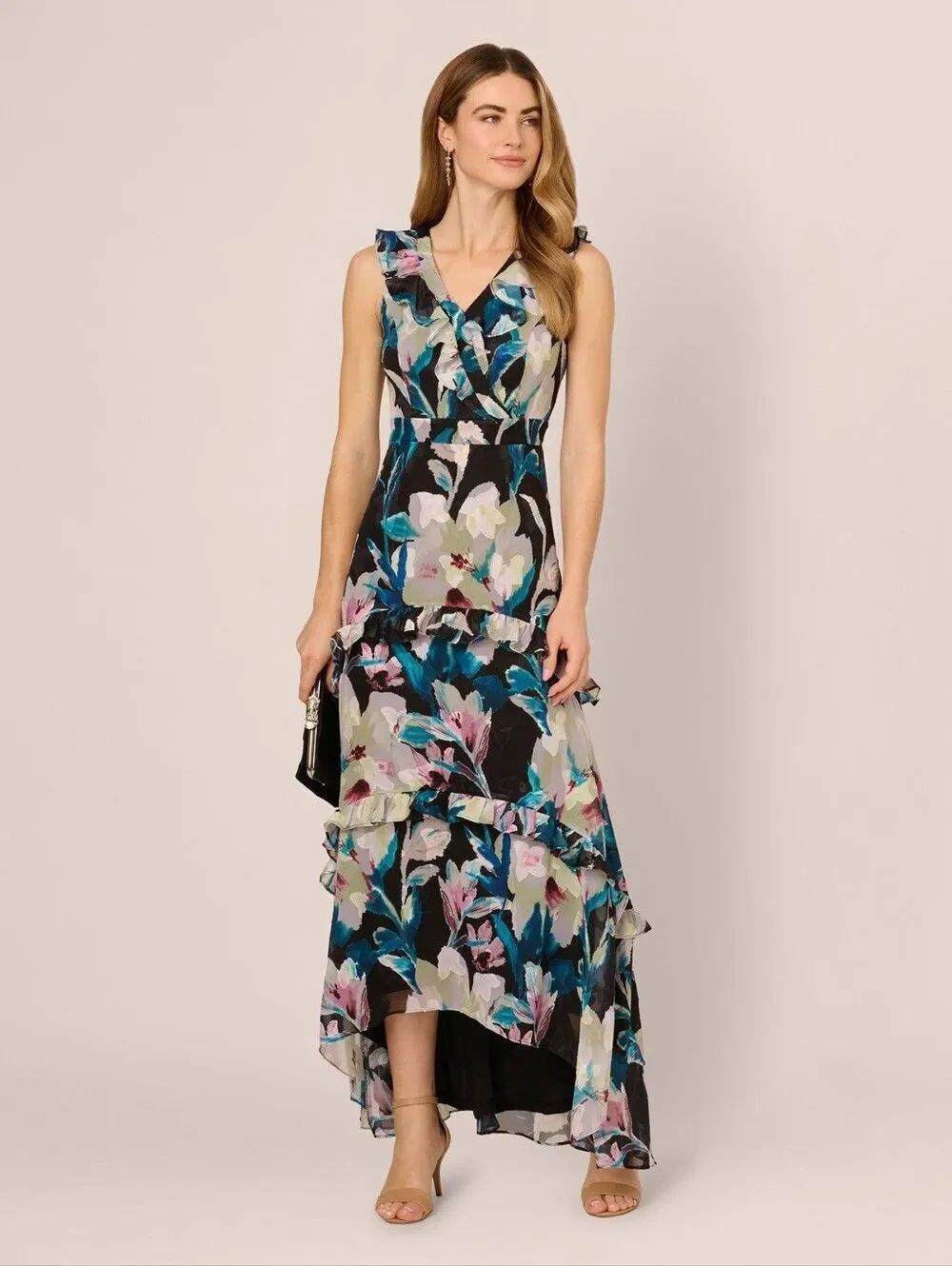 NWT Sleeveless Floral Chiffon High Low Ruffle Gown In Black Multi Size 8